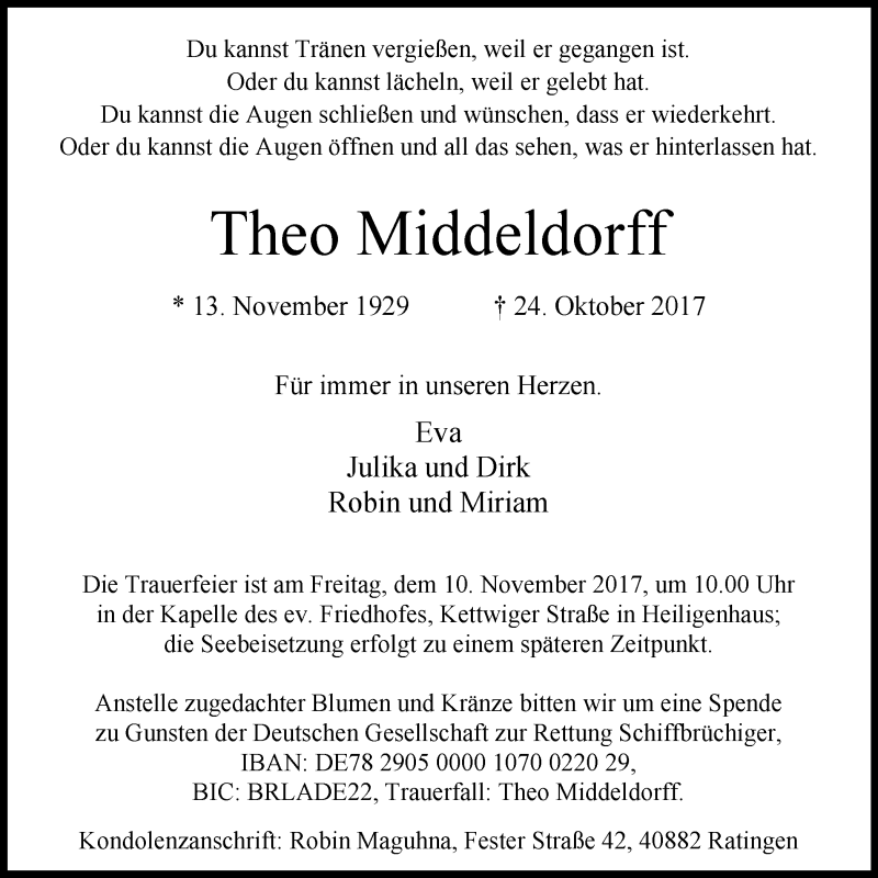  Traueranzeige für Theo Middeldorff vom 04.11.2017 aus Stadtanzeiger Velbert + Heiligenhaus