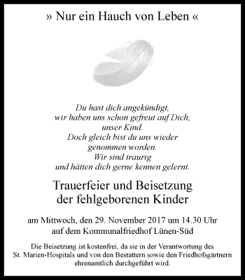 Traueranzeige von Trauerfeier und Beisetzung fehlgeborenen Kinder von Lüner Anzeiger