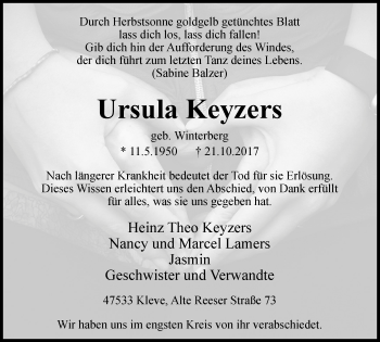Traueranzeige von Ursula Keyzers von Klever Wochenblatt