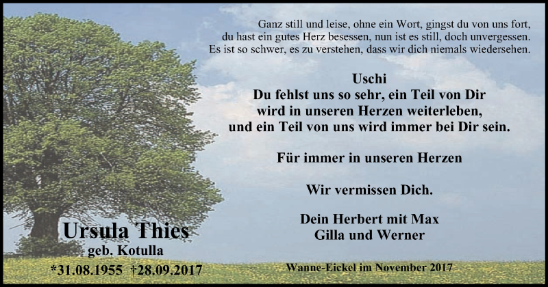  Traueranzeige für Ursula Thies vom 11.11.2017 aus Wochenblatt Herne/Wanne-Eickel