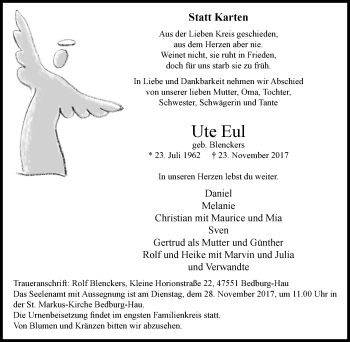 Traueranzeige von Ute Eul von Klever Wochenblatt