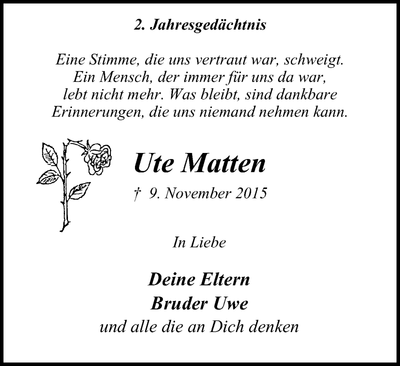  Traueranzeige für Ute Matten vom 08.11.2017 aus Wochen-Anzeiger Oberhausen