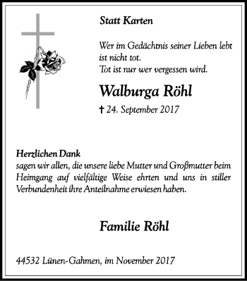 Traueranzeige von Walburga Röhl von Lüner Anzeiger