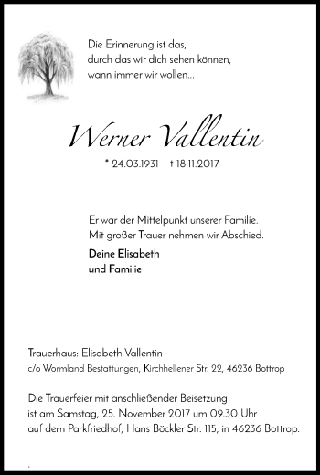 Traueranzeige von Werner Vallentin von Stadtspiegel Bottrop