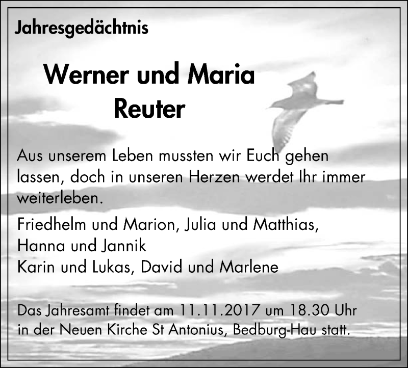  Traueranzeige für Werner und Maria Reuter vom 08.11.2017 aus Klever Wochenblatt