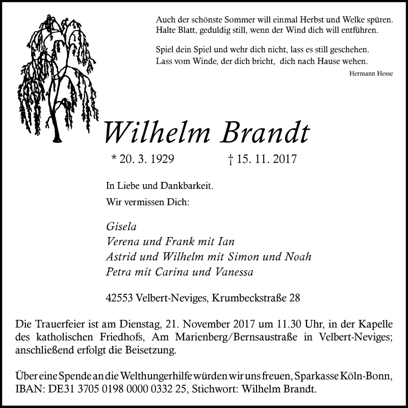  Traueranzeige für Wilhelm Brandt vom 18.11.2017 aus Stadtanzeiger Velbert + Heiligenhaus