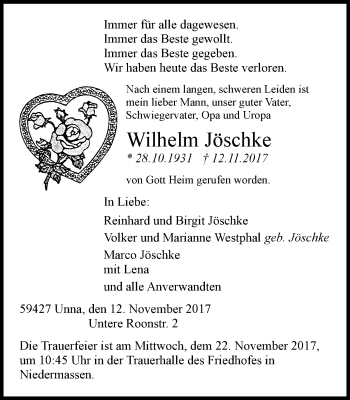 Traueranzeige von Wilhelm Jöschke von Stadtspiegel Kamen + Unna