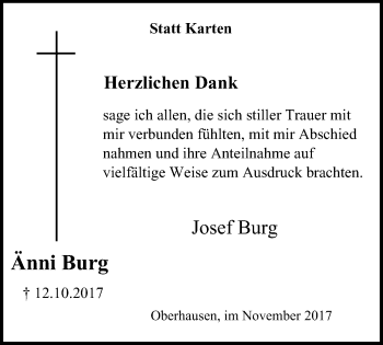 Traueranzeige von Änni Burg von Wochen-Anzeiger Oberhausen