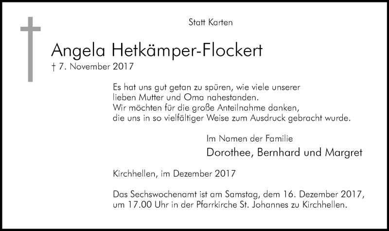  Traueranzeige für Angela Hetkämper-Flockert vom 09.12.2017 aus Stadtspiegel Bottrop