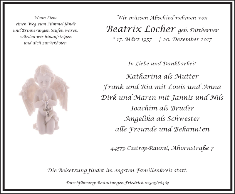 Traueranzeigen von Beatrix Locher Trauer in NRW.de