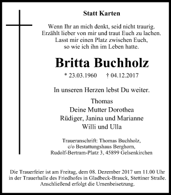 Traueranzeige von Britta Buchholz von Stadtspiegel Gladbeck