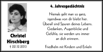 Traueranzeige von Christel Hirschberg von Wochen-Anzeiger Oberhausen