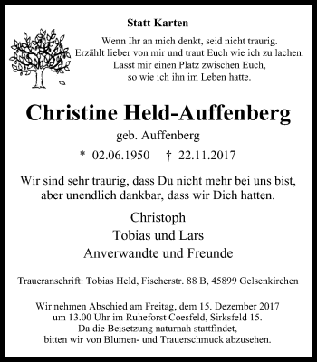 Traueranzeige von Christine Held-Auffenberg von Stadtspiegel Gelsenkirchen