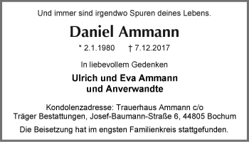 Traueranzeige von Daniel Ammann von Stadtspiegel Bochum