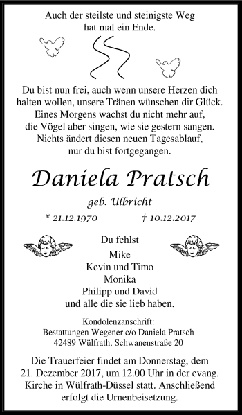 Traueranzeige von Daniela Tratsch von Nord Anzeiger Essen