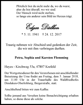 Traueranzeige von Edgar Dülken von Wochen-Anzeiger Oberhausen