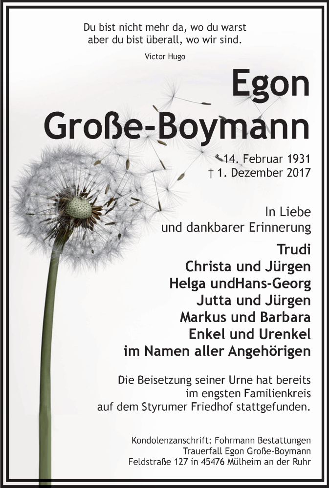  Traueranzeige für Egon Große-Boymann vom 16.12.2017 aus Mülheimer Woche