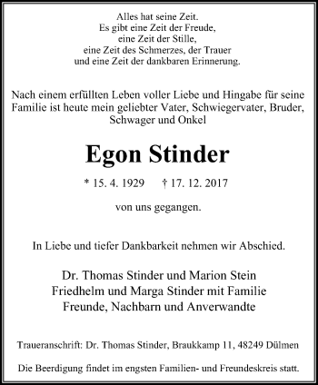 Traueranzeige von Egon Stinder von Stadtanzeiger Velbert + Heiligenhaus