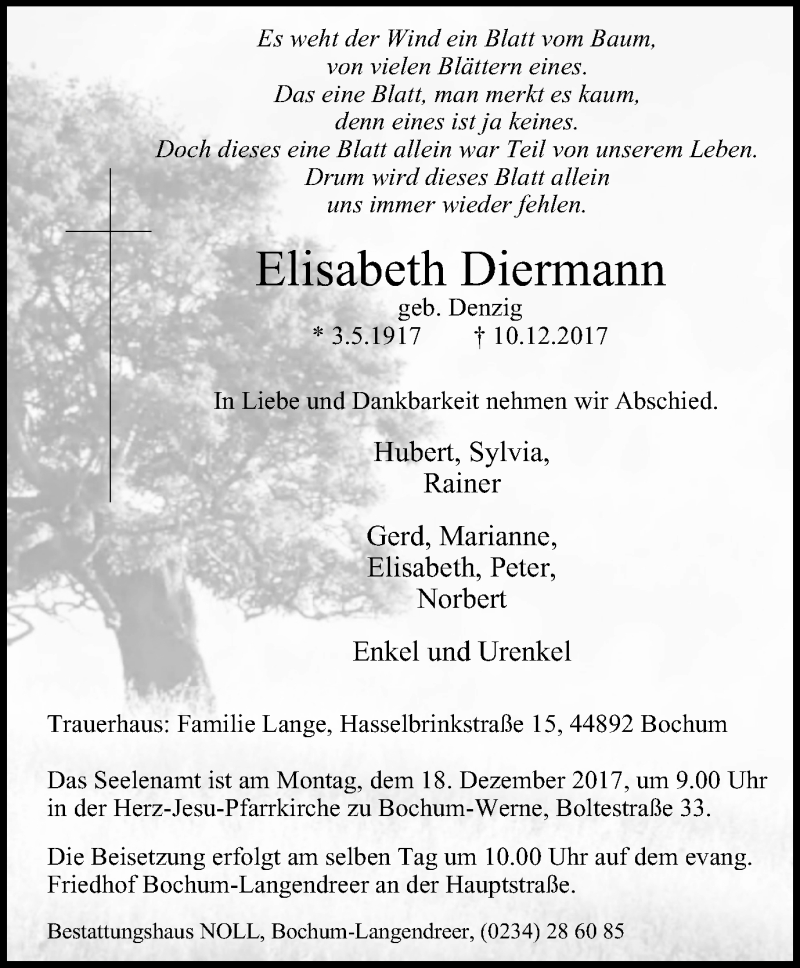 Traueranzeigen von Elisabeth Diermann | Trauer-in-NRW.de