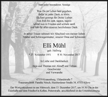 Traueranzeige von Elli Mühl von Klever Wochenblatt