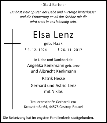 Traueranzeige von Elsa Lenz von Stadtanz.Castrop-Rauxel