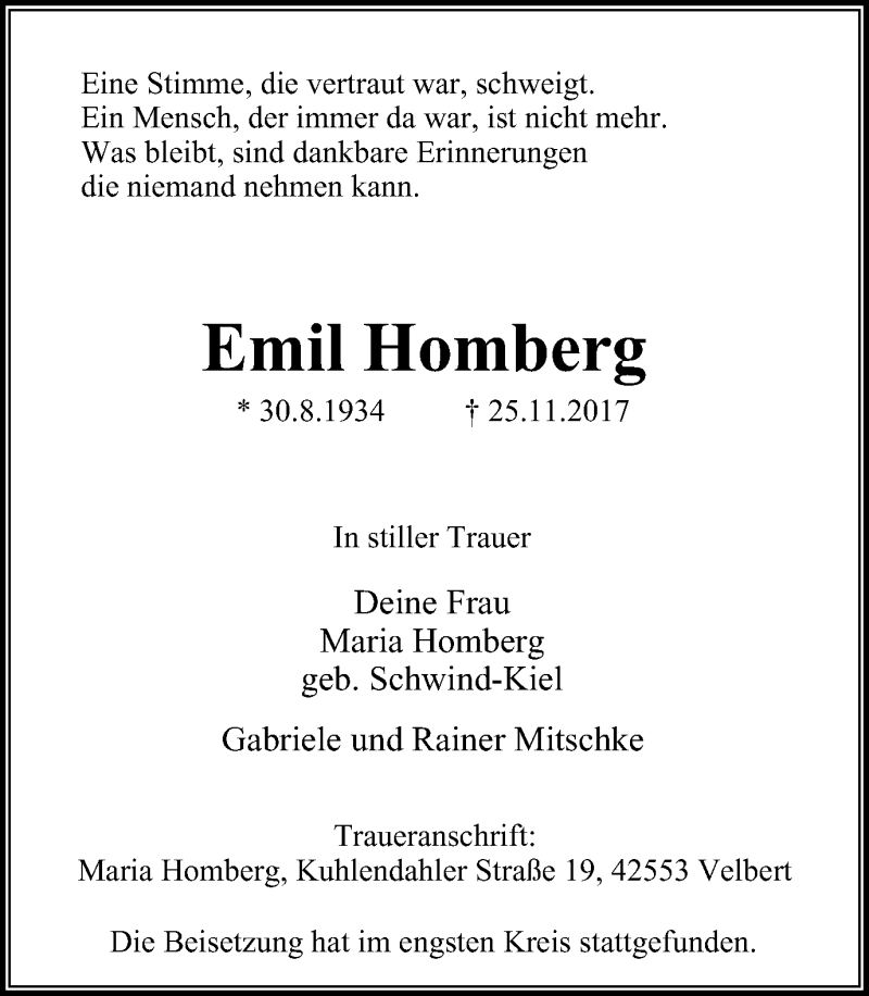  Traueranzeige für Emil Homberg vom 23.12.2017 aus Stadtanzeiger Velbert + Heiligenhaus