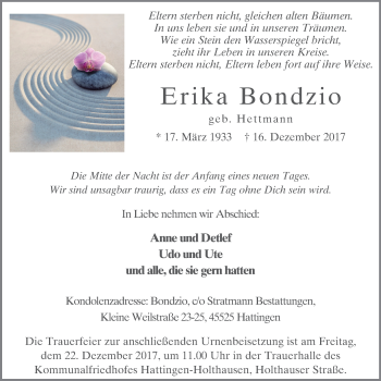Traueranzeige von Erika Bondzio von Stadtspiegel Hattingen/Niedersprockhövel