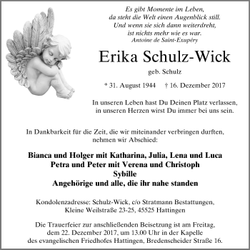 Traueranzeige von Erika Schulz-Wick von Stadtspiegel Hattingen/Niedersprockhövel