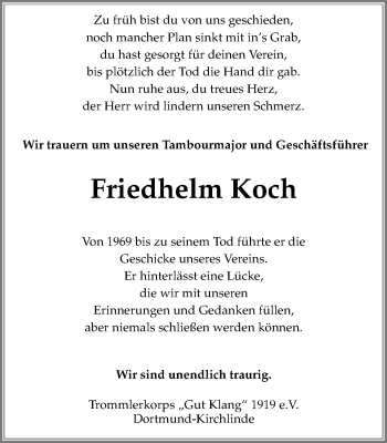 Traueranzeige von Friedhelm Koch von Stadtanzeiger Dortmund