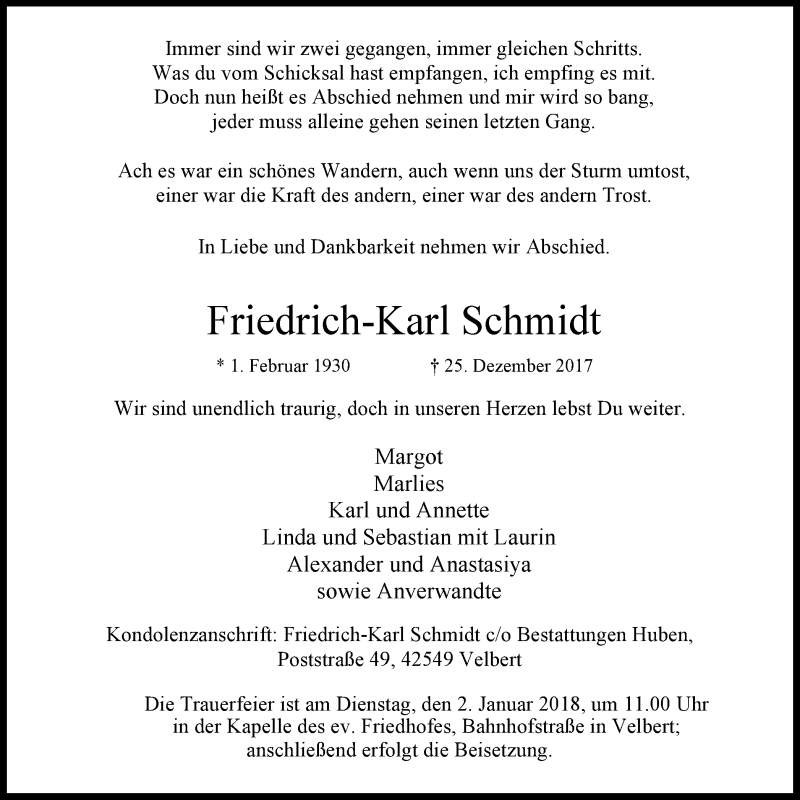  Traueranzeige für Friedrich-Karl Schmidt vom 30.12.2017 aus Stadtanzeiger Velbert + Heiligenhaus