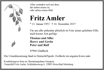 Traueranzeige von Fritz Amler von Stadtspiegel Gladbeck