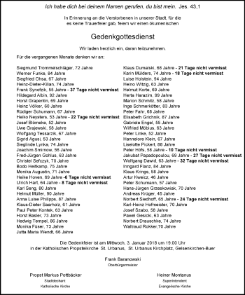 Traueranzeige von Gedenkgottesdienst  von Stadtspiegel Gelsenkirchen