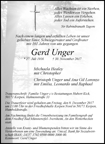 Traueranzeige von Gerd Unger von Der Weseler + Der Xantener