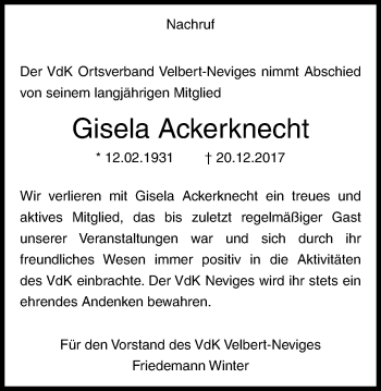 Traueranzeige von Gisela Ackerknecht von Stadtanzeiger Velbert + Heiligenhaus