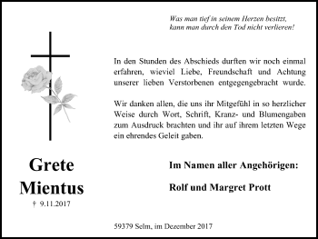 Traueranzeige von Grete Mientus von Lüner Anzeiger