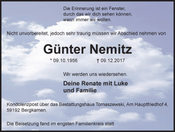 Traueranzeige von Günter Nemitz von Stadtspiegel Kamen + Unna