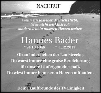 Traueranzeige von Hannes Bader von Stadtspiegel Gladbeck