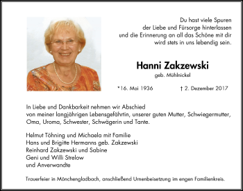 Traueranzeige von Hanni Zakzewski von Mülheimer Woche