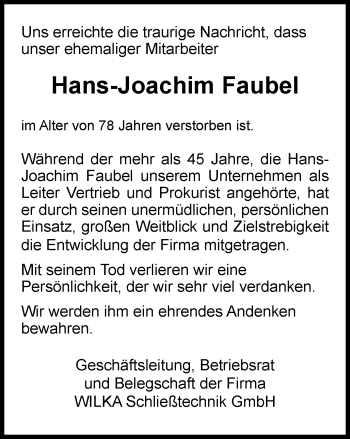 Traueranzeige von Hans-Joachim Faubel von Stadtanzeiger Velbert + Heiligenhaus