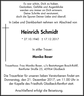 Traueranzeige von Heinrich Schmidt von Stadtspiegel Gladbeck