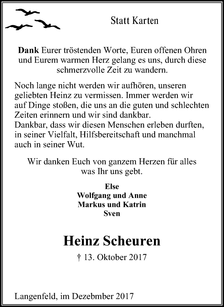  Traueranzeige für Heinz Scheuren vom 09.12.2017 aus Wochen-Anzeiger Langenfeld/Monheim/Hilden