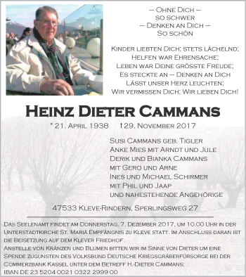 Traueranzeige von Heinz Dieter Cammans von Klever Wochenblatt