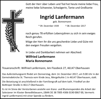 Traueranzeige von Ingrid Lanfermann von Wochen-Anzeiger Oberhausen