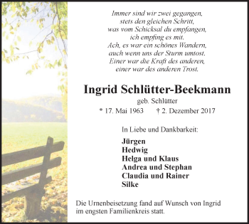 Traueranzeige von Ingrid Schlütter-Beekmann von Stadtanzeiger Emmerich/Rees/Isselburg
