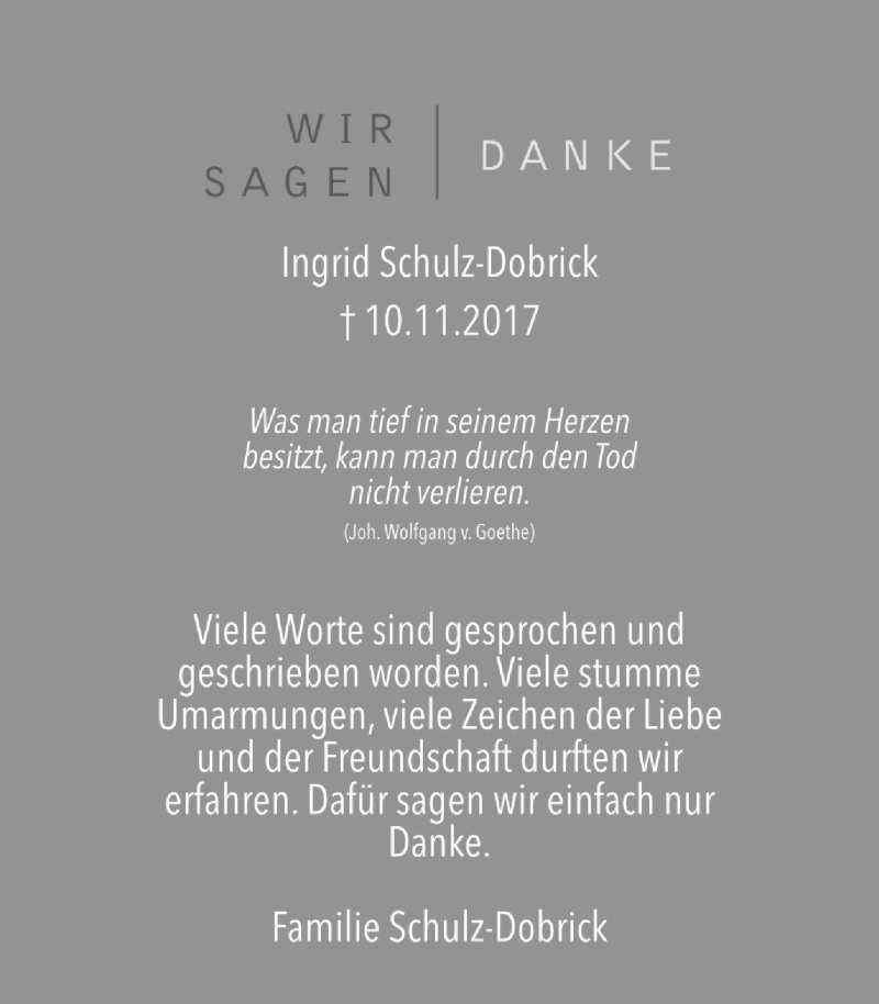  Traueranzeige für Ingrid Schulz-Dobrick vom 16.12.2017 aus Wochen-Anzeiger Langenfeld/Monheim/Hilden