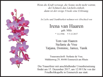 Traueranzeige von Irena van Haaren von Stadtanzeiger Emmerich/Rees/Isselburg