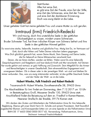 Traueranzeige von Irmtraud Friedrich-Redecki von Stadtspiegel Kamen + Unna