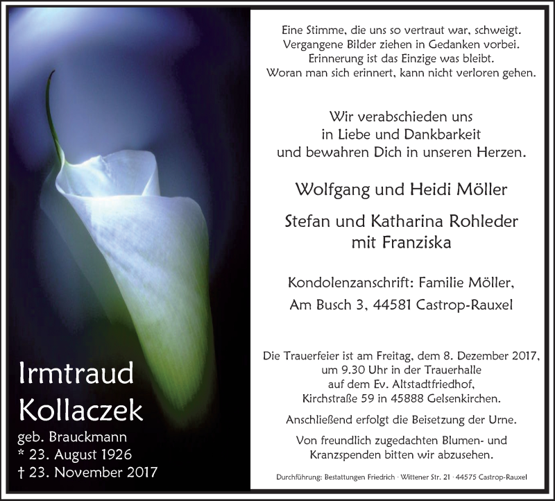  Traueranzeige für Irmtraud Kollaczek vom 02.12.2017 aus Stadtanz.Castrop-Rauxel