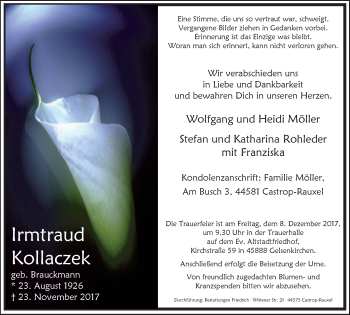 Traueranzeige von Irmtraud Kollaczek von Stadtspiegel Gelsenkirchen