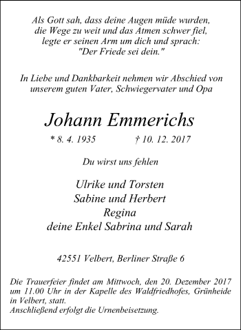 Traueranzeige von Johann Emmerichs von Stadtanzeiger Velbert + Heiligenhaus